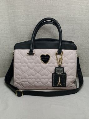 Betsey Johnson Heart Quilted Pink Black Grey Satchel Eiffel Tower Bag Charm